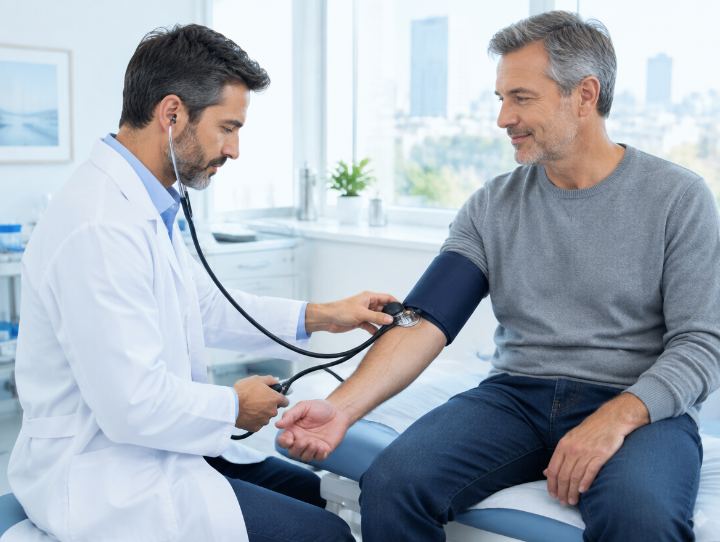 Doctor checking a man's blood pressure