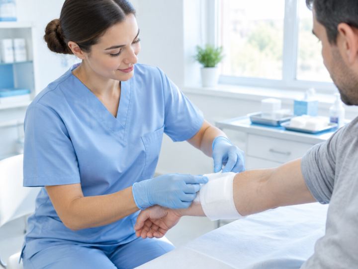 Nurse bandaging a patient's forearm